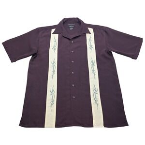 Bruno Bowling Shirt Mens M Burgundy Tribal Embroidered Sueded Microfiber